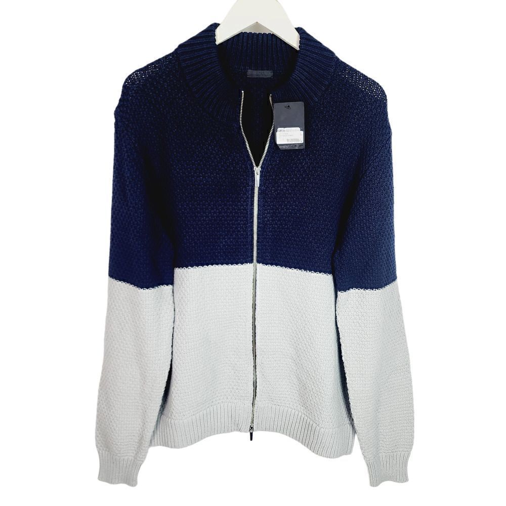 New ATM Men US XXL Mock Neck Zip Sweater Jacket  Blue White Cotton MSRP $299